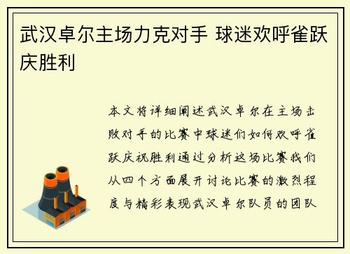 武汉卓尔主场力克对手 球迷欢呼雀跃庆胜利