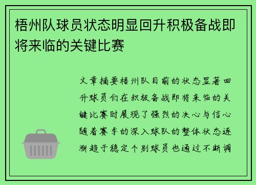 梧州队球员状态明显回升积极备战即将来临的关键比赛