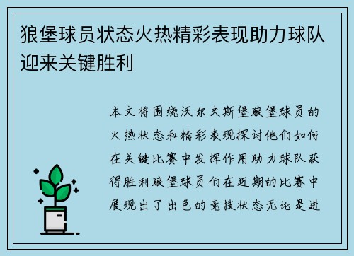 狼堡球员状态火热精彩表现助力球队迎来关键胜利