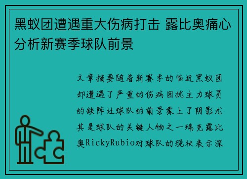 黑蚁团遭遇重大伤病打击 露比奥痛心分析新赛季球队前景