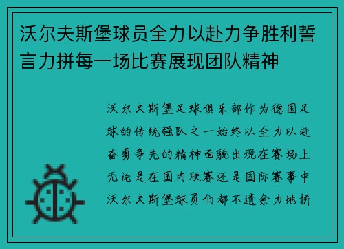 沃尔夫斯堡球员全力以赴力争胜利誓言力拼每一场比赛展现团队精神