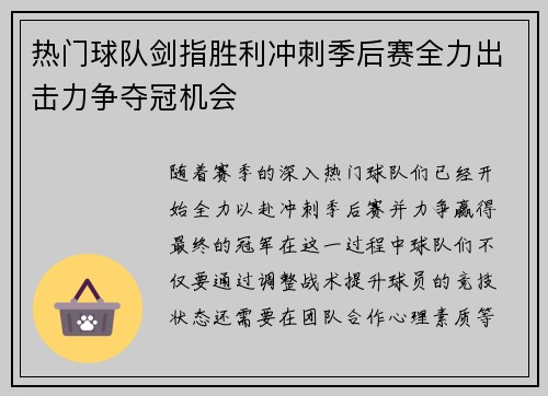 热门球队剑指胜利冲刺季后赛全力出击力争夺冠机会