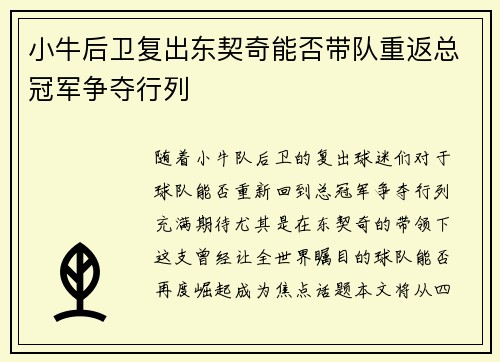 小牛后卫复出东契奇能否带队重返总冠军争夺行列