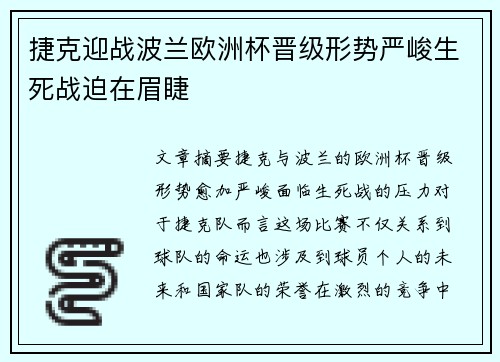 捷克迎战波兰欧洲杯晋级形势严峻生死战迫在眉睫