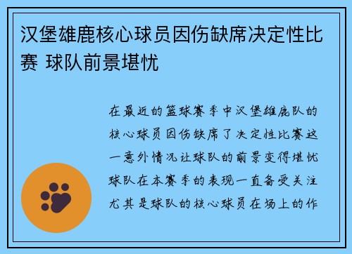 汉堡雄鹿核心球员因伤缺席决定性比赛 球队前景堪忧