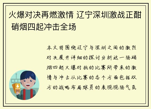 火爆对决再燃激情 辽宁深圳激战正酣 硝烟四起冲击全场