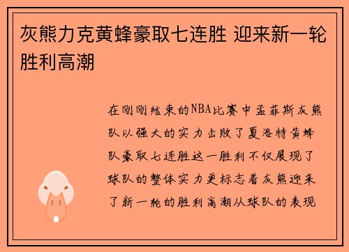 灰熊力克黄蜂豪取七连胜 迎来新一轮胜利高潮